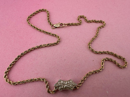 Vintage 9ct Gold Rope chain with Antique silver floral slider