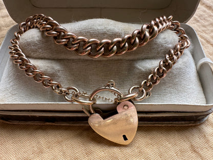 Antique 9ct Gold Graduated Curb bracelet with large heart padlock
