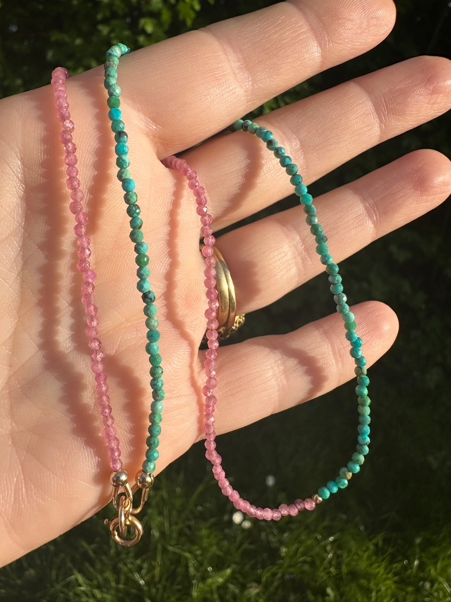 Blush & Tide- Pink Tourmaline and turquoise mini beaded necklace with 9ct gold antique bolt clasp
