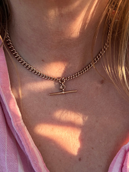 Antique 9ct Rose Gold Graduated Curb Albert chain with double faceted dog clips and fixed T-bar