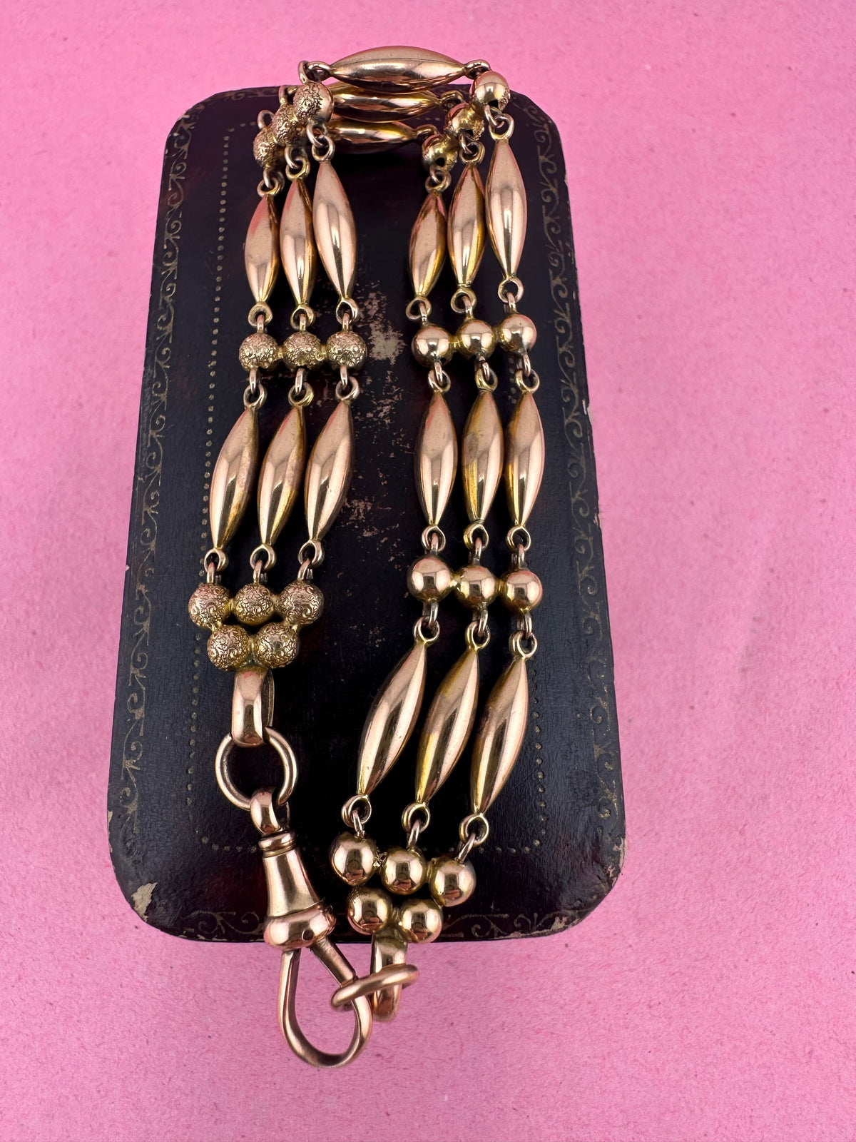 Antique 9ct Rose Gold Bead Gare bracelet with dog clip