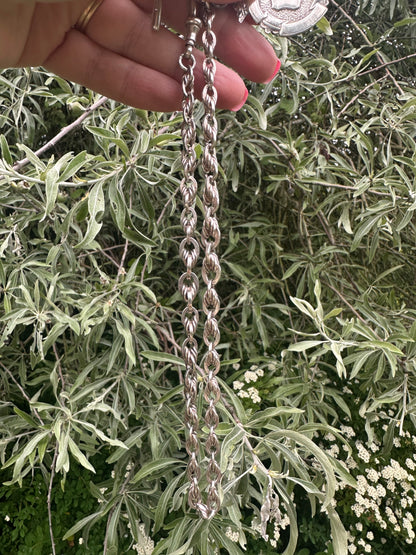 Sterling Silver Lovers Knot Albert chain, with T-bar, dogclip and shield fob.