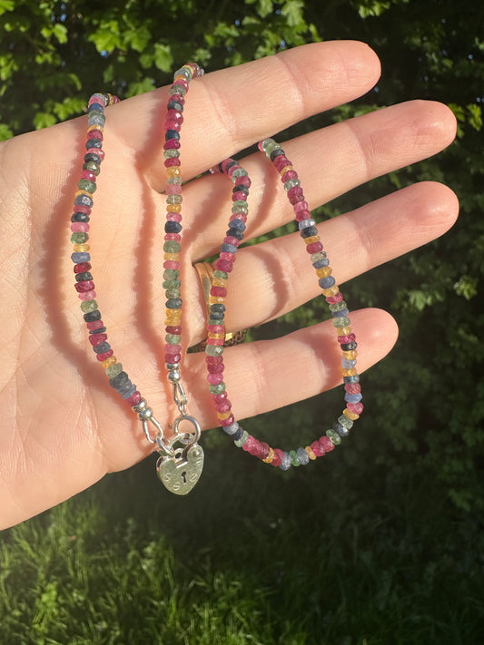 Rainbow- Mixed Gemstone Mini beaded necklace with Vintage Sterling Heart Padlock