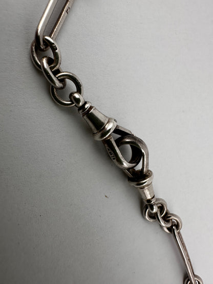 Antique Sterling Silver Trombone Albert chain with double dog clips and fixed T-bar