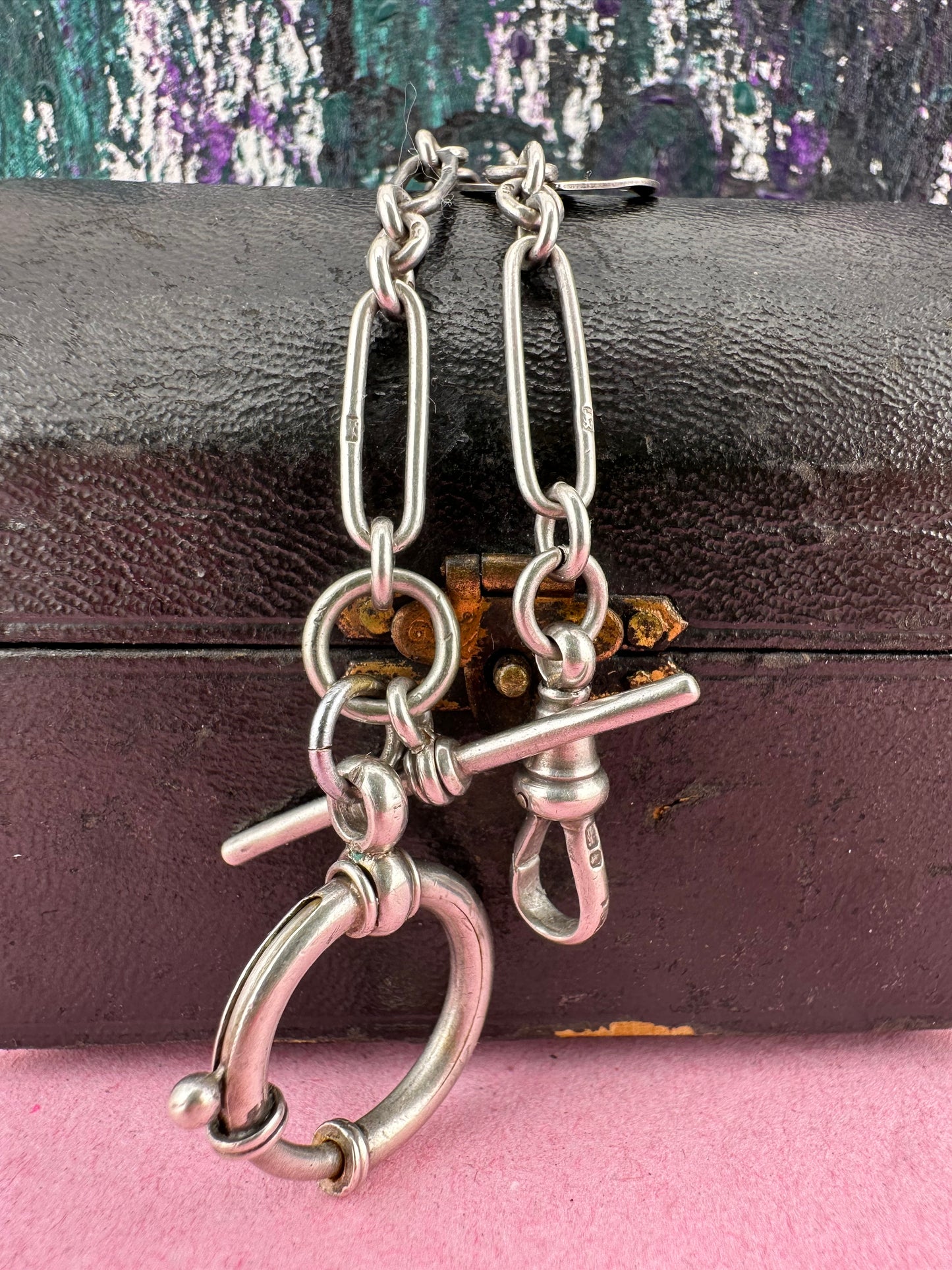 Antique Sterling Silver Trombone chain with XL bolt clasp and Dog clip
