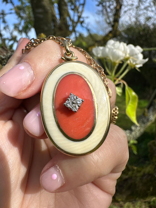 14ct Gold Coral and Diamond Pendant