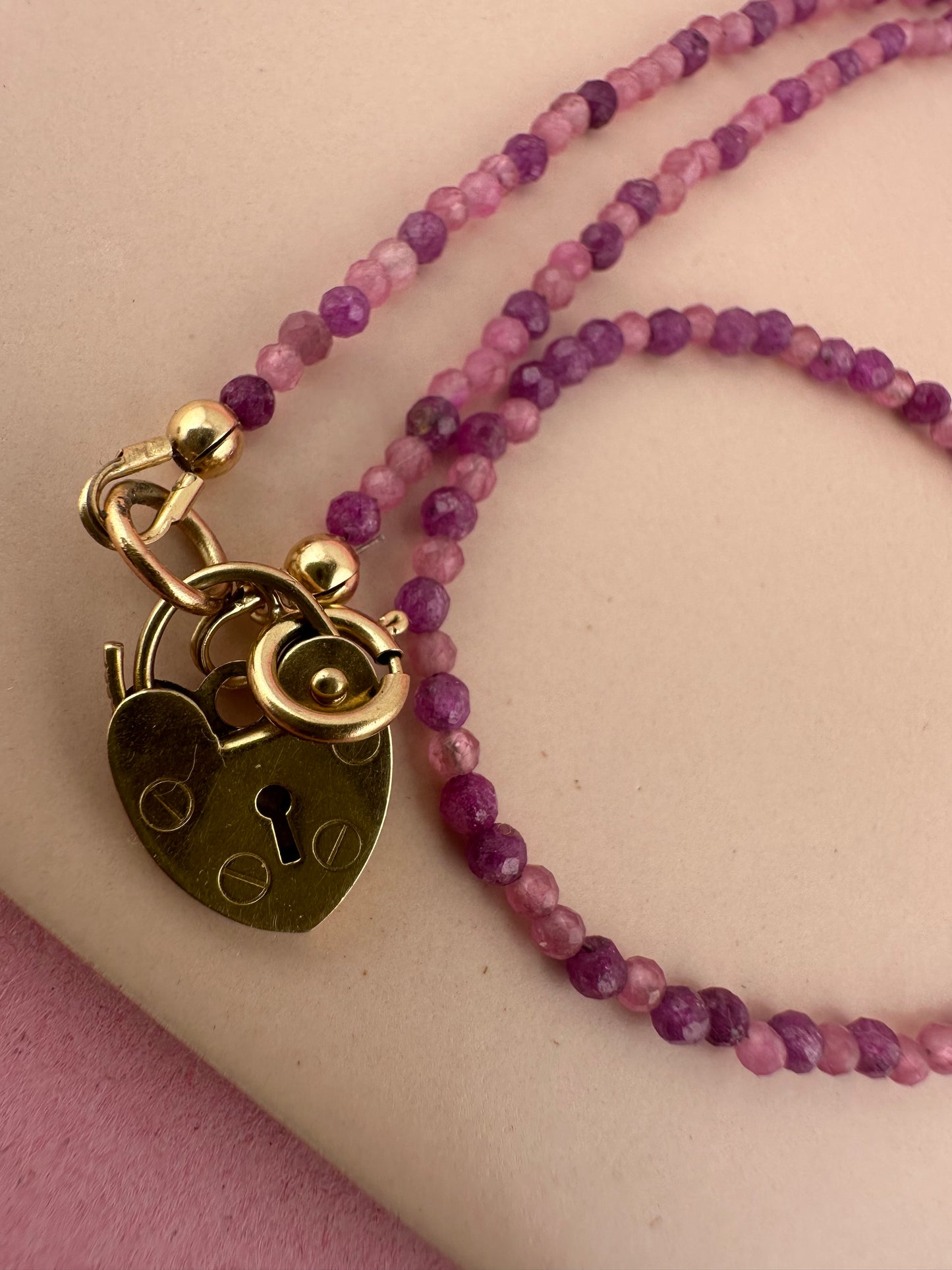 Ruby & Pink Tourmaline mix Mini beads with vintage 9ct Gold heart padlock