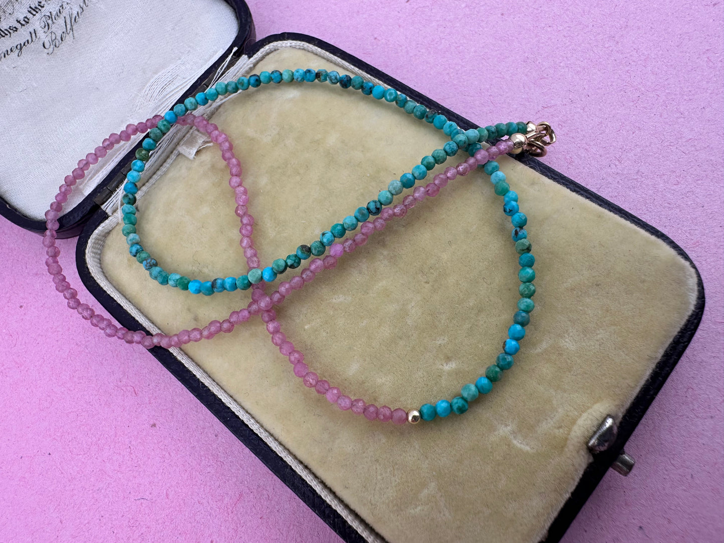 Blush & Tide- Pink Tourmaline and turquoise mini beaded necklace with 9ct gold antique bolt clasp