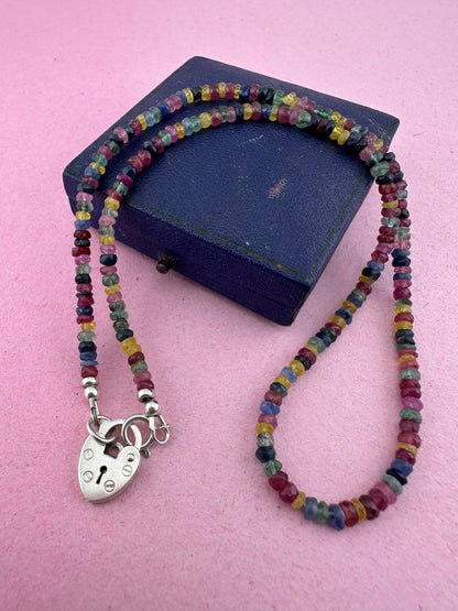 Rainbow- Mixed Gemstone Mini beaded necklace with Vintage Sterling Heart Padlock