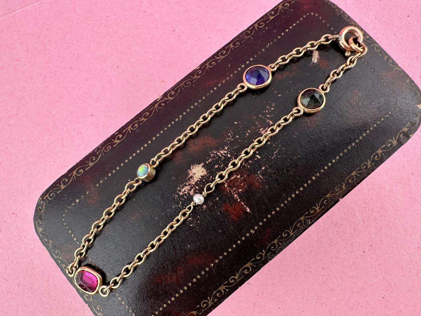 Antique 9ct Rose gold Gemstone Station bracelet