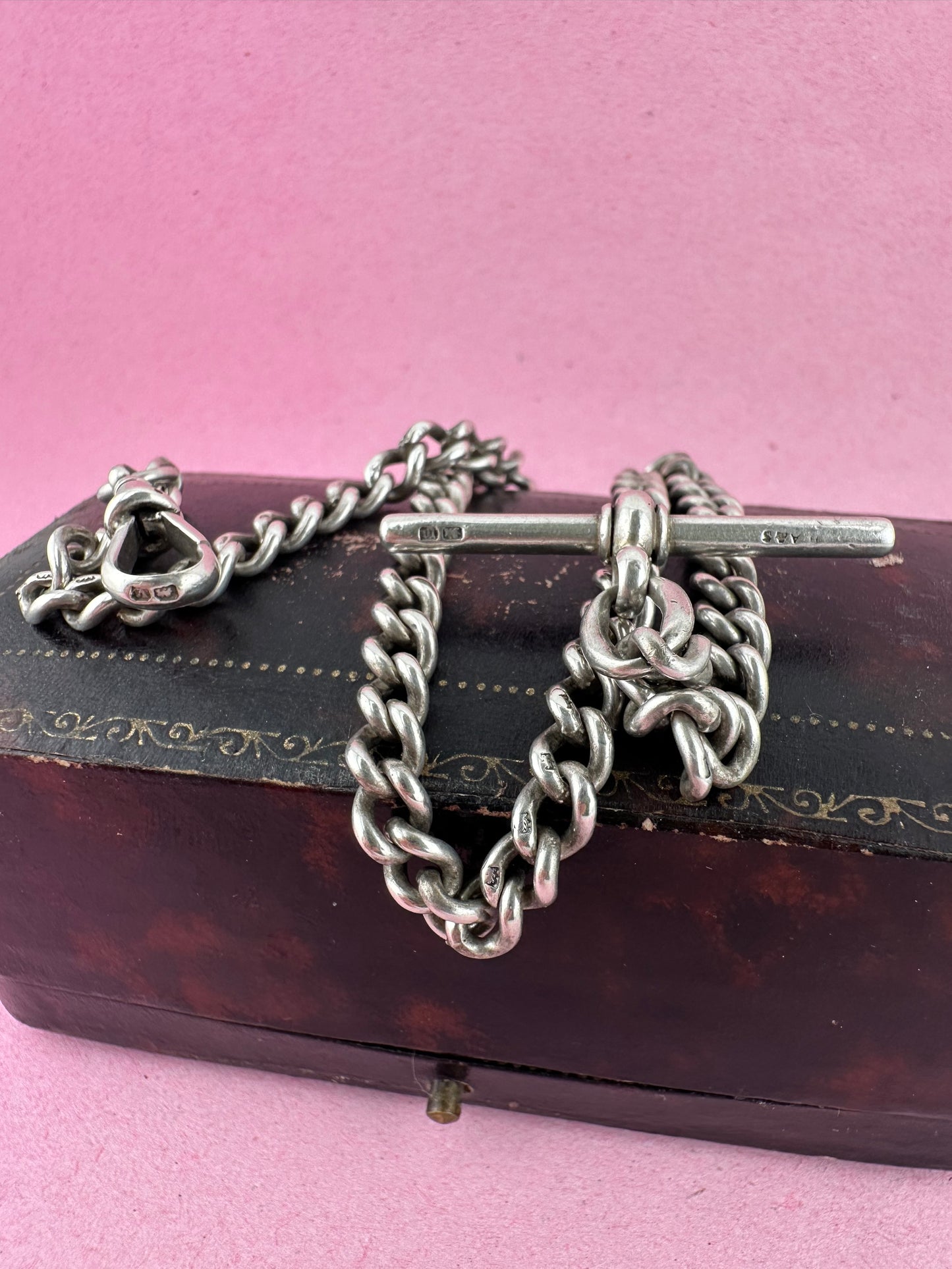 Antique Sterling Silver Ungraduated Curb Albert with dogclip and t-bar
