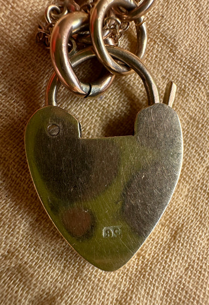Antique 9ct Gold Graduated Curb bracelet with large heart padlock