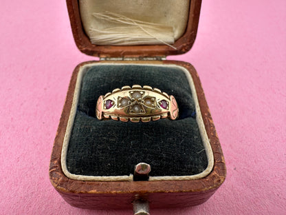 Victorian 9ct Gold Seed Pearl and Ruby Boat ring