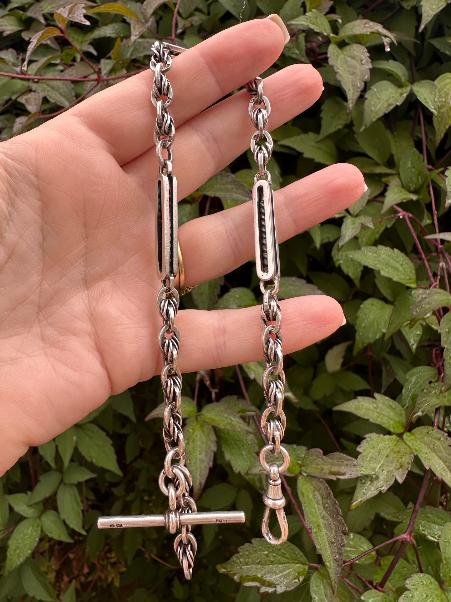 Antique Sterling Silver Bar and lovers knot Albert chain with T-bar and dog clip