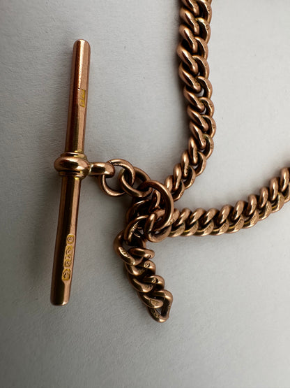 Antique 9ct Rose Gold Graduated Curb Albert chain with double faceted dog clips and fixed T-bar