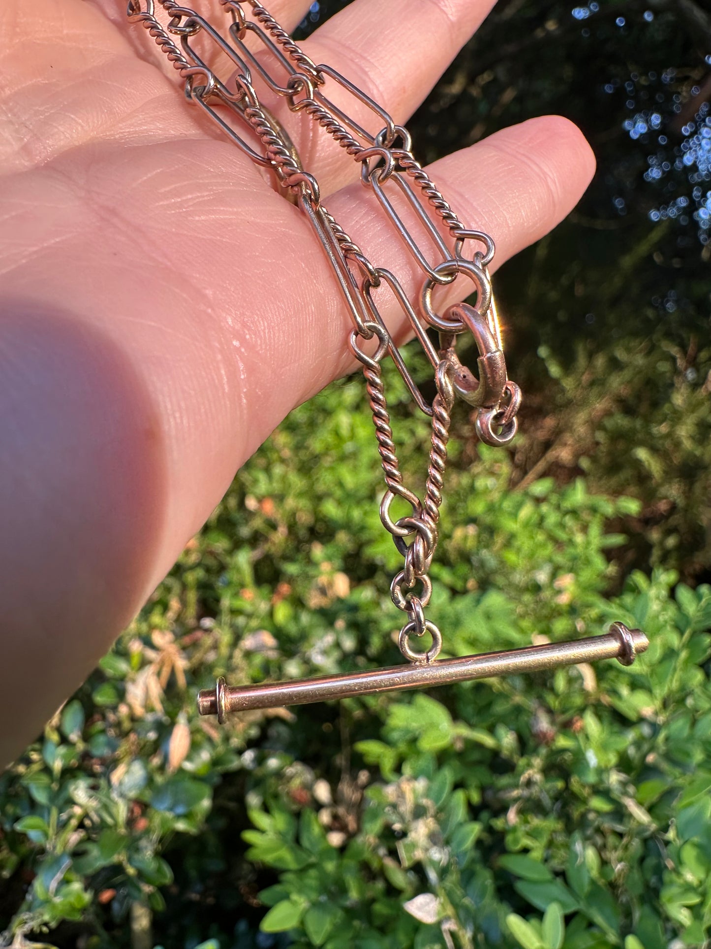 Antique 9ct Rose Gold Trombone and twist Albert chain with bolt clasp and T-bar