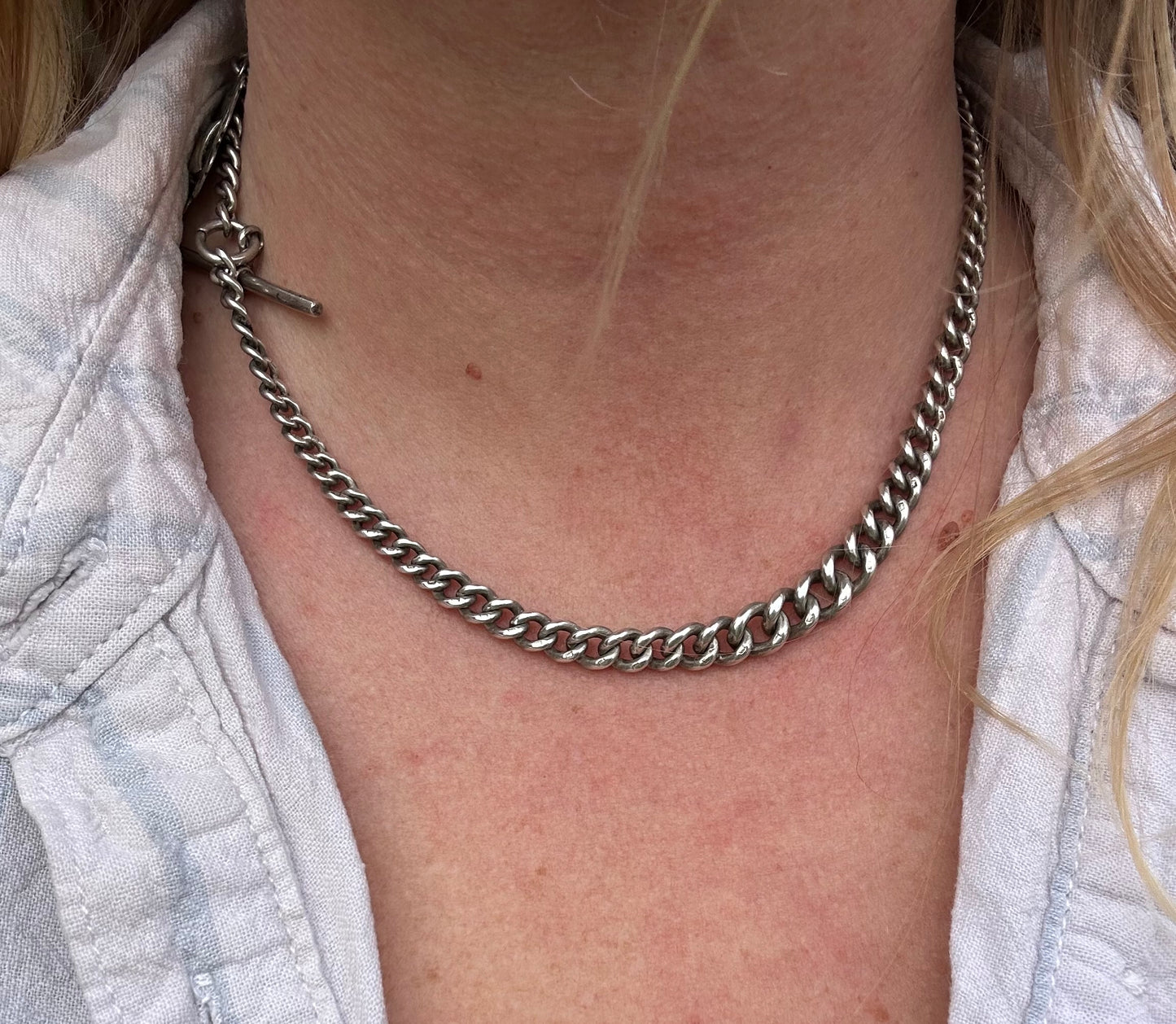 Sterling Silver Graduated Curb Albert with dog clip, fob and T-Bar