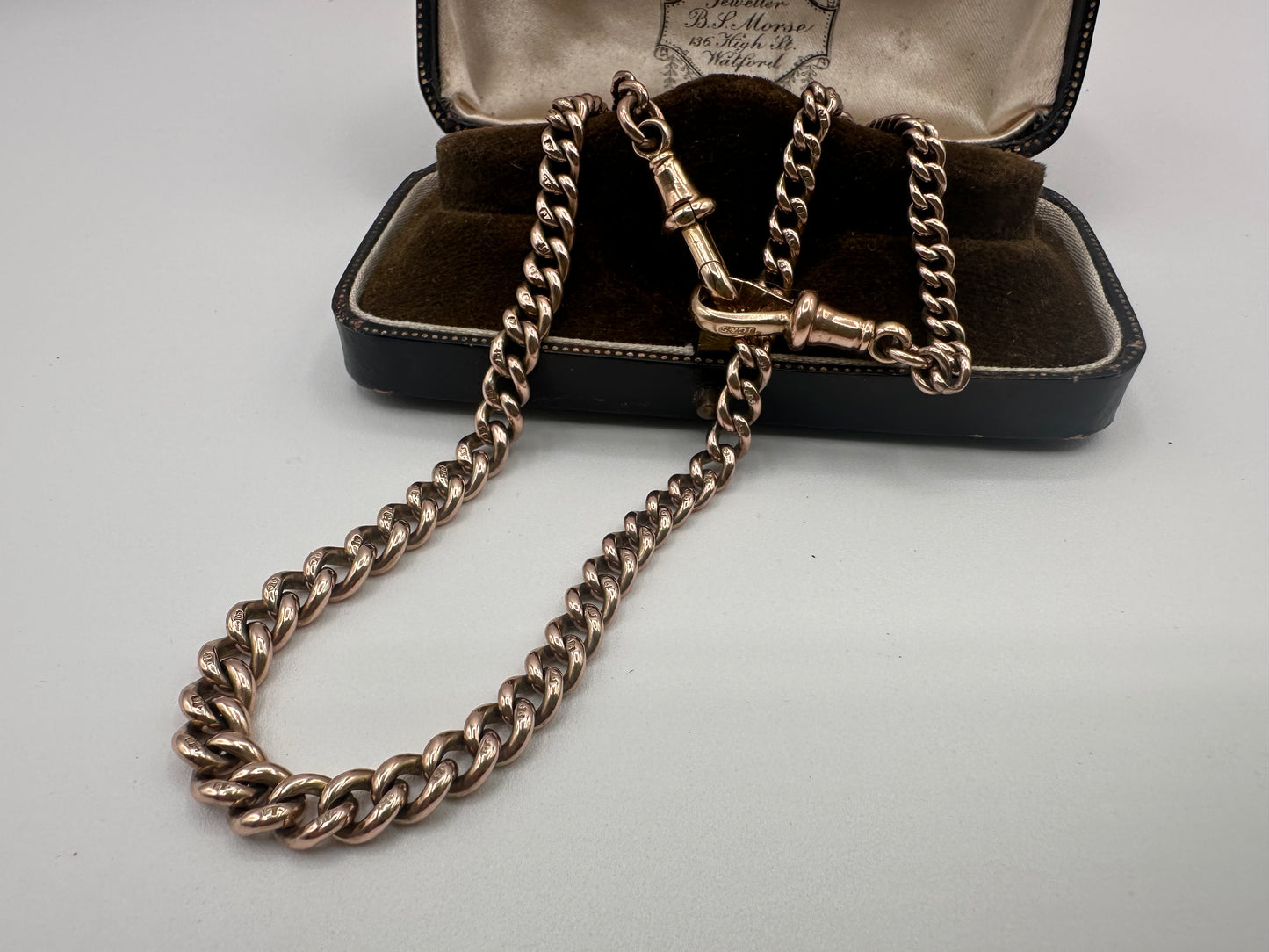 Antique 9ct Rose Gold Graduated curb Albert chain with double dog clips