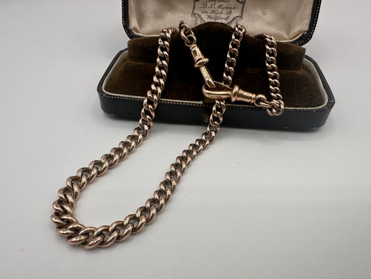 Antique 9ct Rose Gold Graduated curb Albert chain with double dog clips