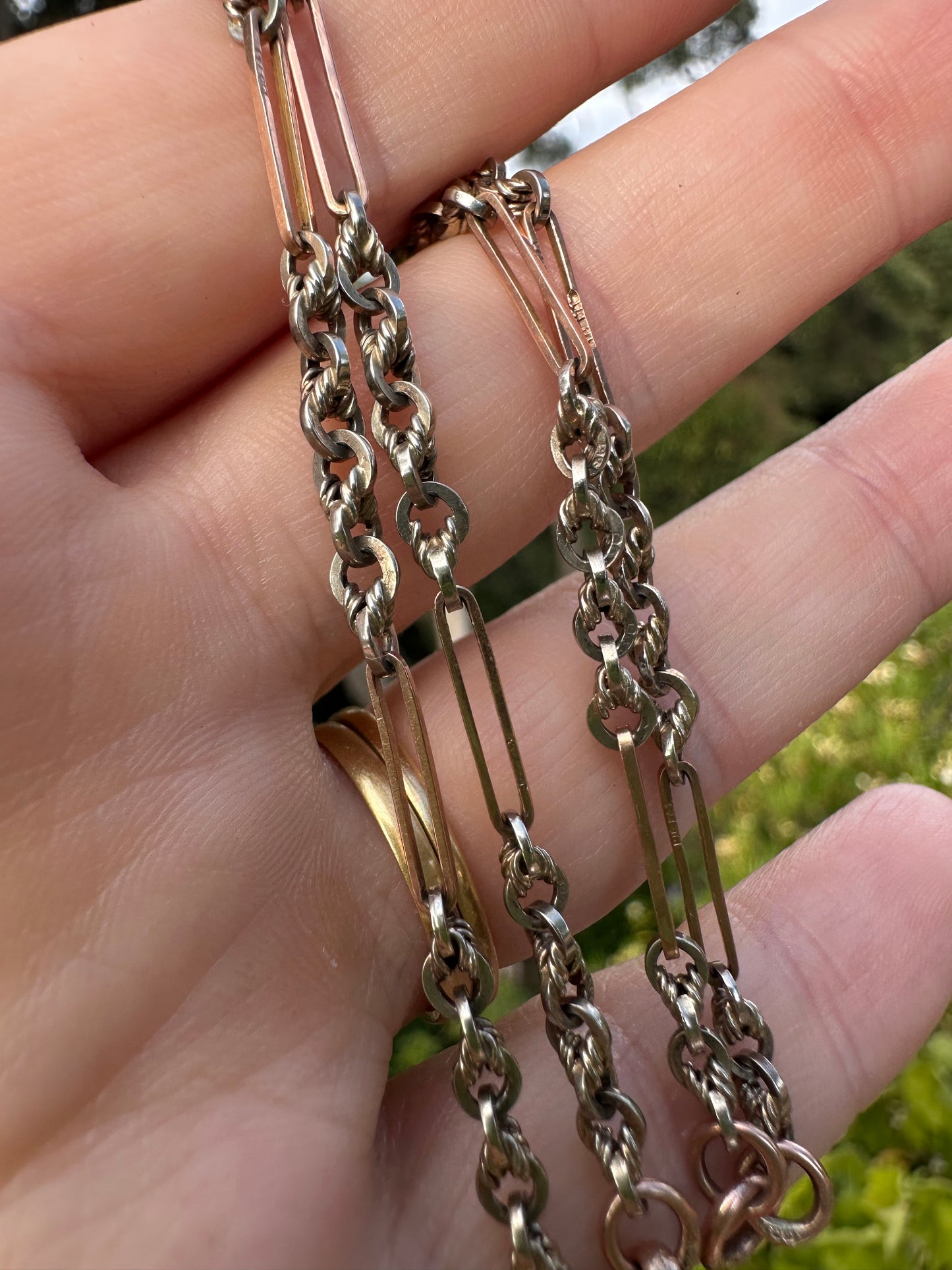 Antique 9ct Rose and White Gold Trombone and Lovers Knot chain