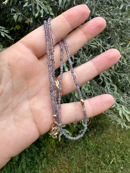 Iolite mini beaded necklace with 9ct Gold Antique Bolt clasp