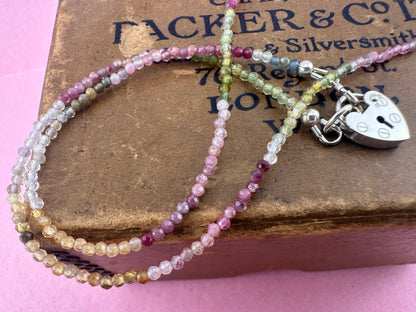 Ombré Tourmaline Mini Beaded necklace with Vintage Sterling Silver Heart Padlock