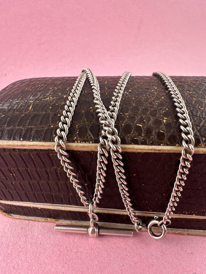 Vintage Sterling Silver Curb Albert chain with floating t-bar