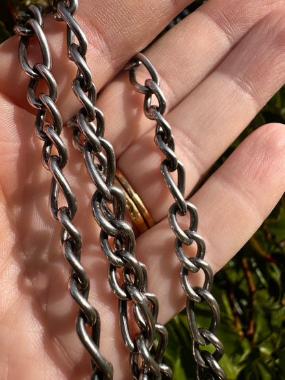 Vintage Sterling Silver Long & Short Curb Albert chain with T-bar & swivel dog clip.