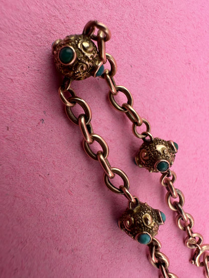 Antique 9ct Rose Gold Turquoise Orb and cable link bracelet with bolt clasp