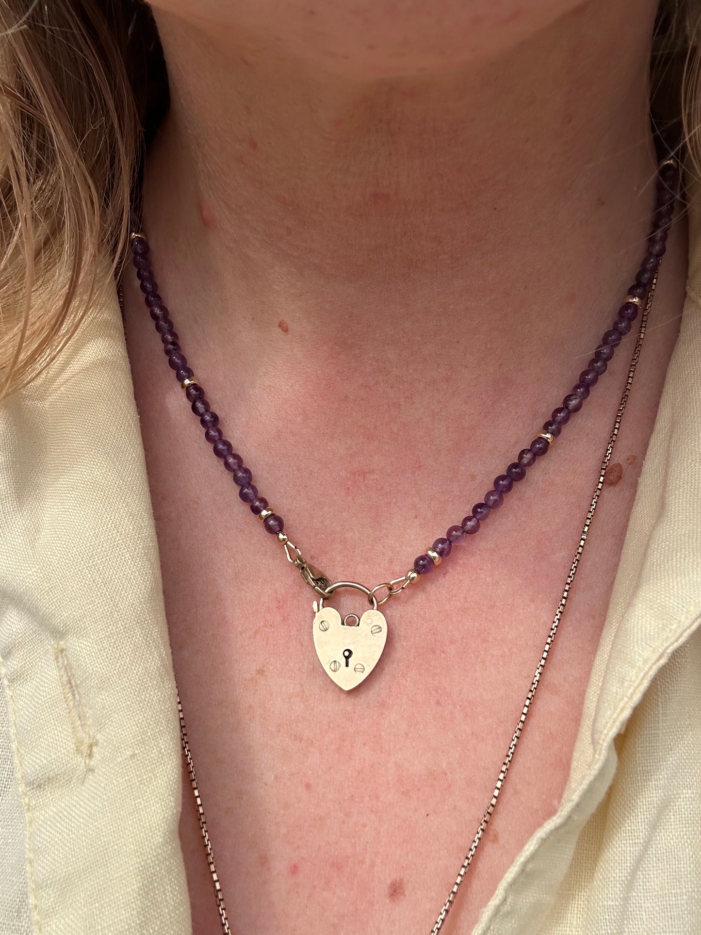 Re-imagined Vintage Amethyst Beads with a Vintage Heart Padlock Clasp