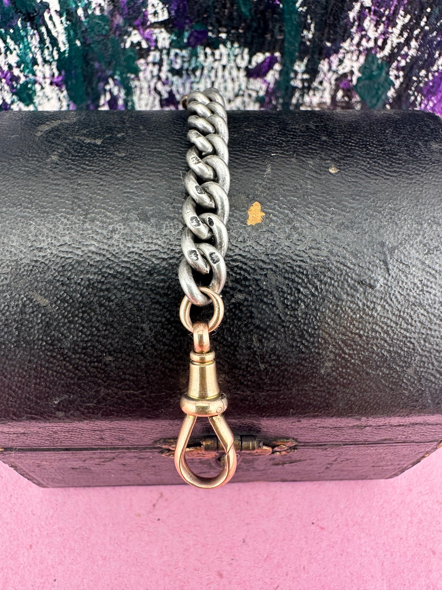 Sterling Silver curb extender with 9ct rose gold dog clip & faceted jump ring
