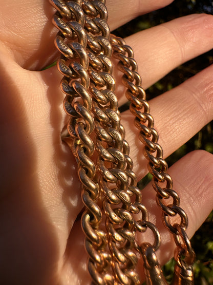 Antique 9ct Rose Gold Graduated Curb Albert chain with double faceted dog clips and fixed T-bar