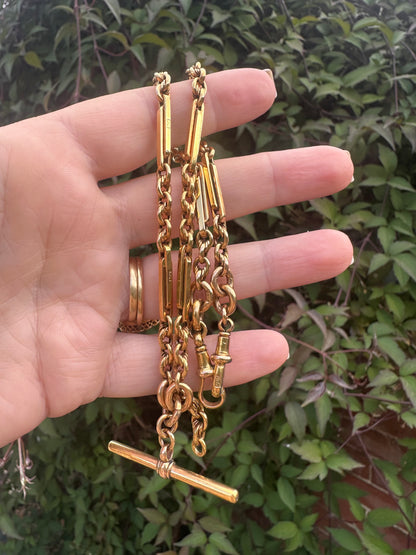 Antique 9ct Yellow Gold Trombone & Lovers Knot Albert chain with double dog clips