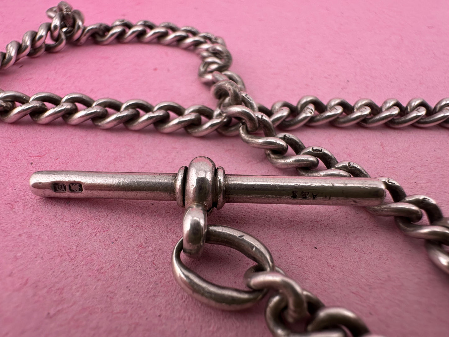 Antique Sterling Silver Ungraduated Curb Albert with dogclip and t-bar