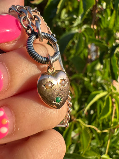 Antique 9ct rose gold heart with flush set pearls and turquoise.