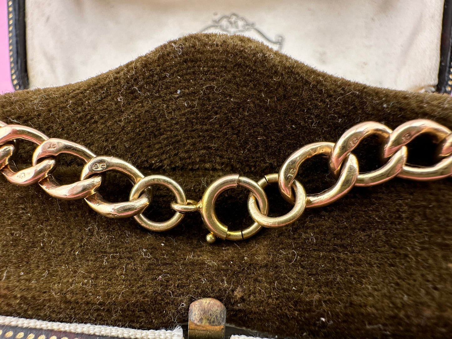 Antique 9ct Peachy Rose gold Curb bracelet with bolt clasp