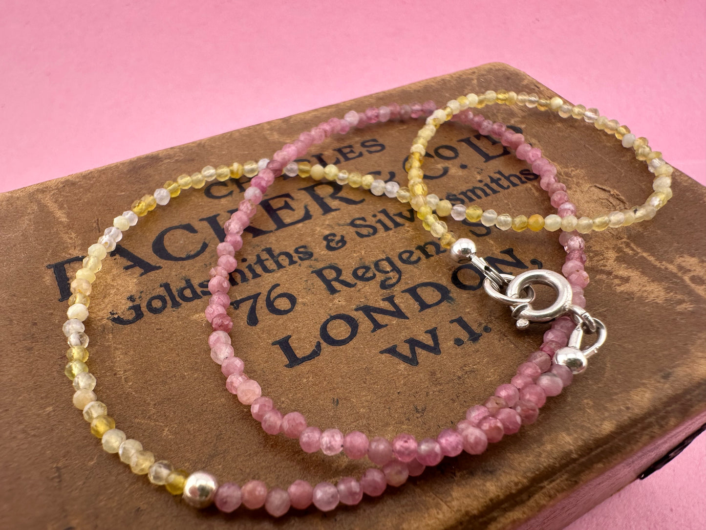 Pink Tourmaline & Yellow Opal Mini beads with Sterling Silver Bolt clasp