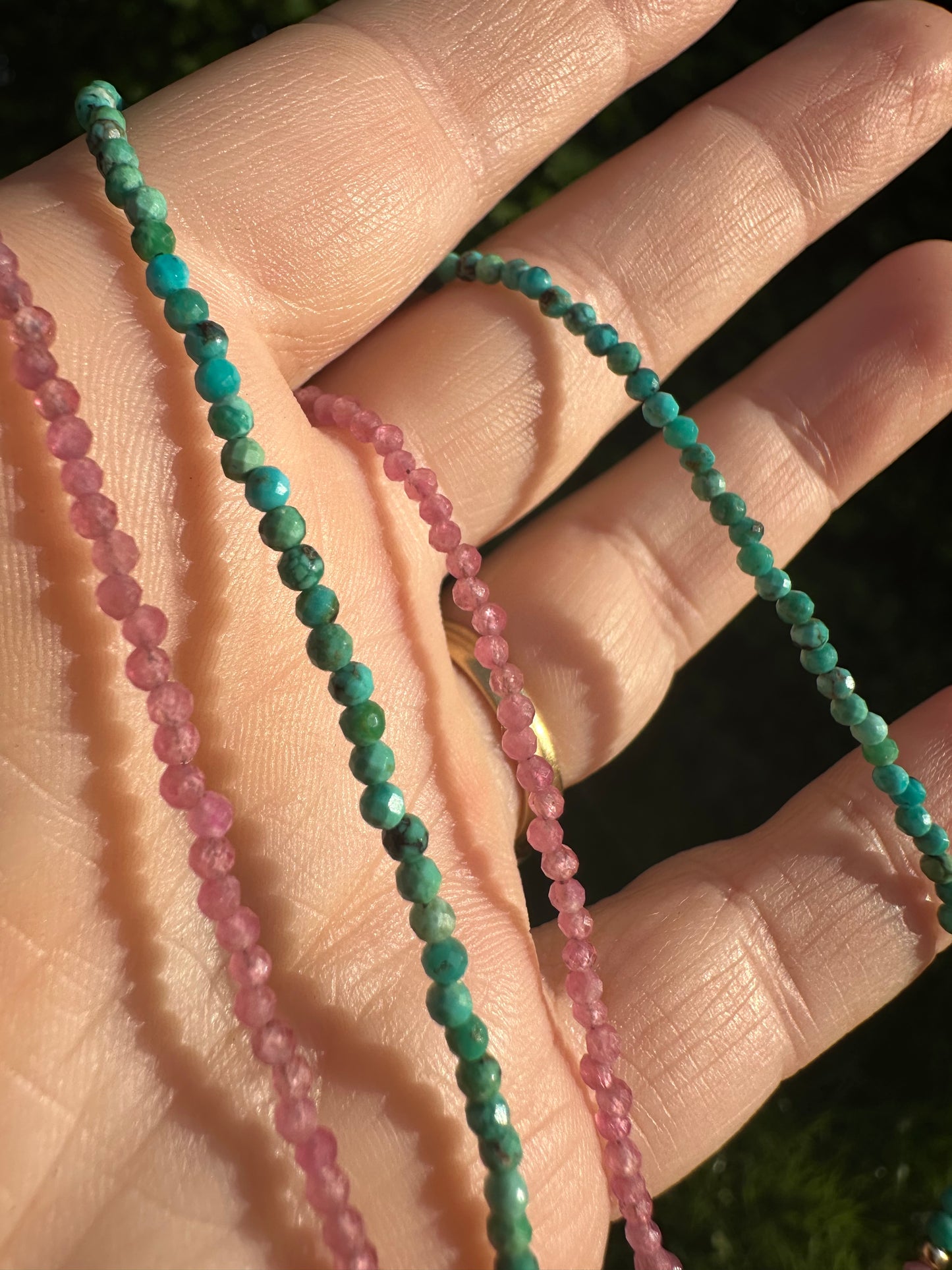 Blush & Tide- Pink Tourmaline and turquoise mini beaded necklace with 9ct gold antique bolt clasp