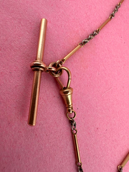 Antique 18ct Bi-Colour Bar & Lovers Knot Albert chain with 18ct dog clip & 9ct T-Bar.