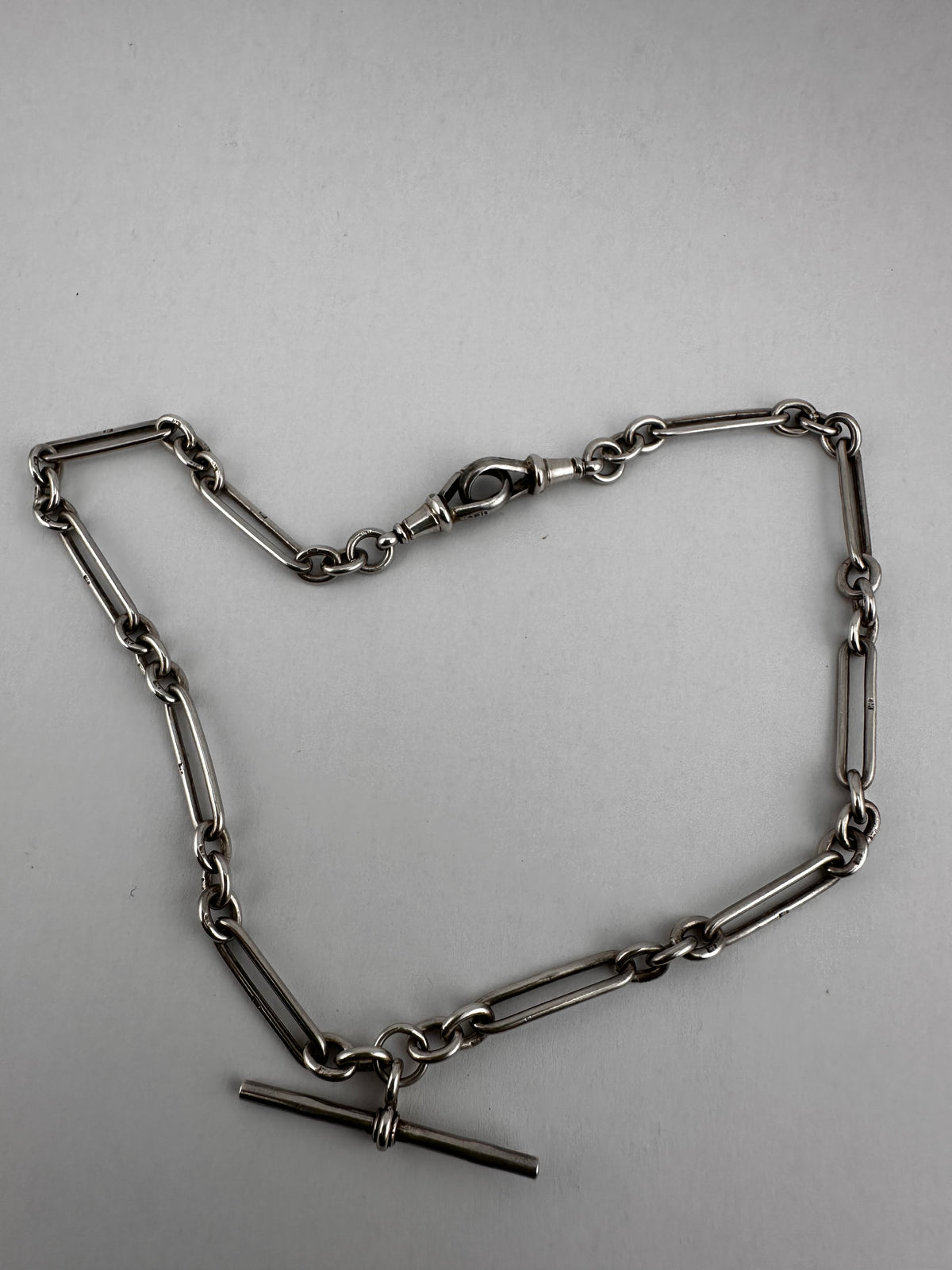 Antique Sterling Silver Trombone Albert chain with double dog clips and fixed T-bar