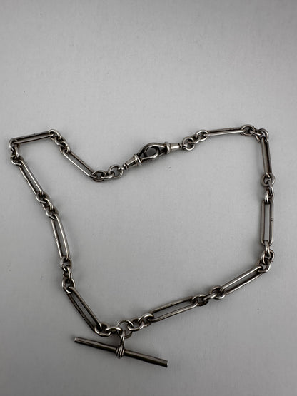 Antique Sterling Silver Trombone Albert chain with double dog clips and fixed T-bar