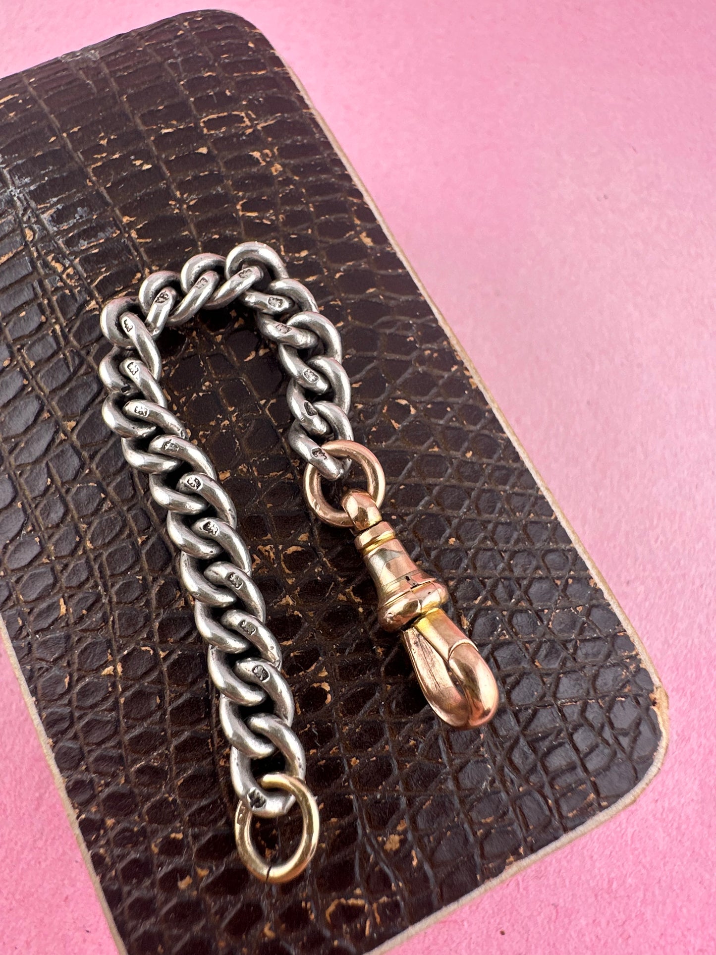 Mix metal curb extender. 9ct rose gold dog clip & sterling curb links