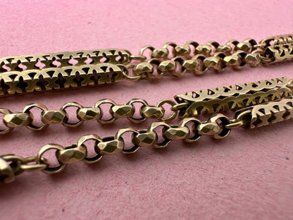 Antique 9ct Gold Fancy Bar and faceted Belcher chain with screw top dogclip