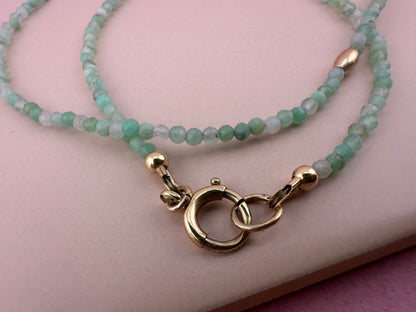 Asymmetrical Australian Chyrsoprase mini beaded necklace with 9ct Bolt clasp and oval bead