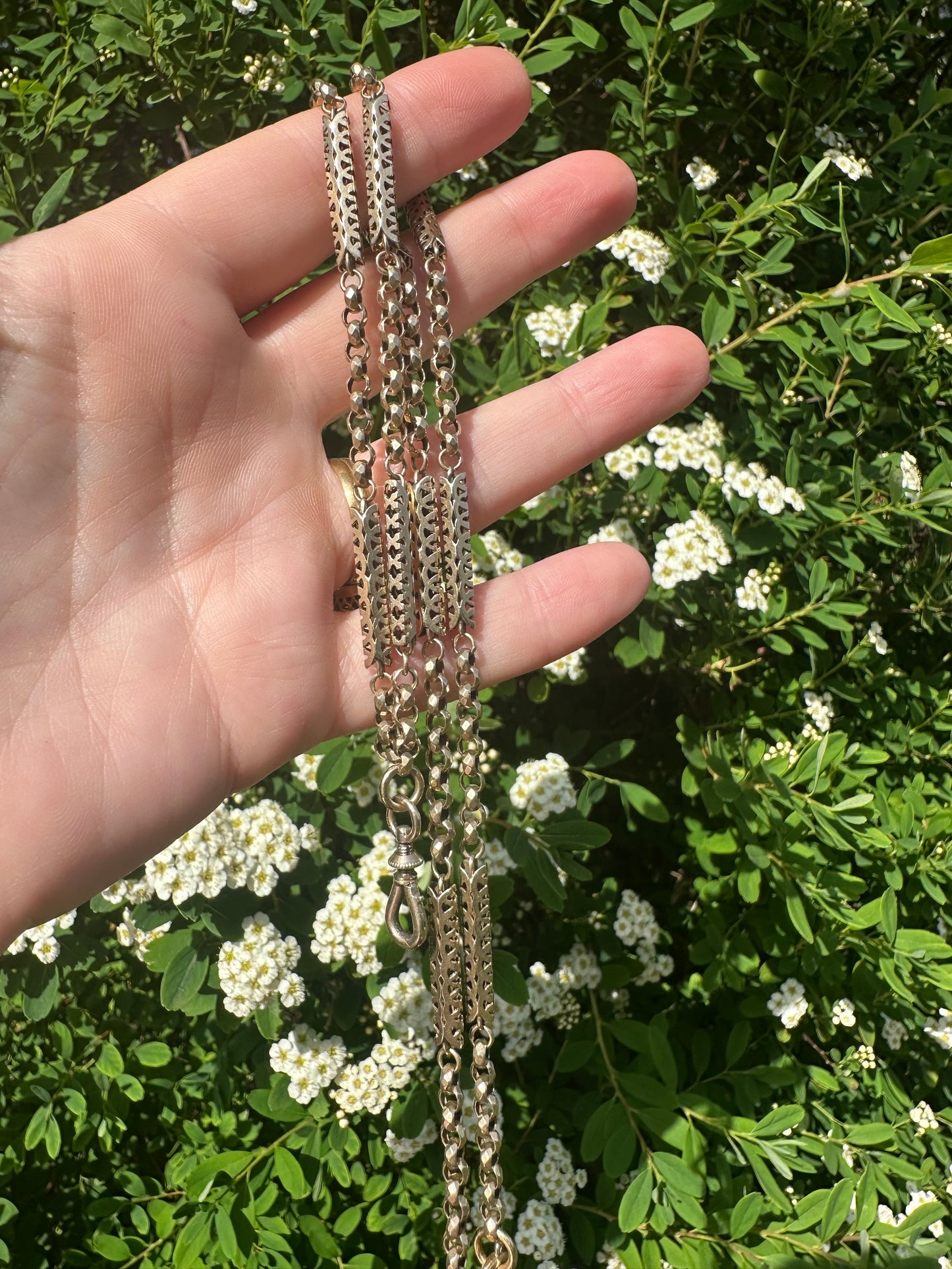 Antique 9ct Gold Fancy Bar and faceted belcher chain with screw top dog clip