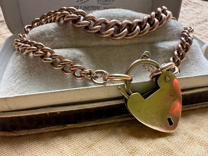 Antique 9ct Gold Graduated Curb bracelet with large heart padlock