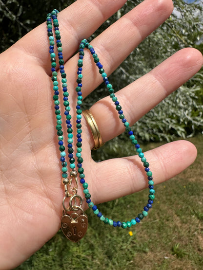 Turquoise, Malachite & Lapis Lazuli Mini beads with vintage 9ct Gold Heart padlock