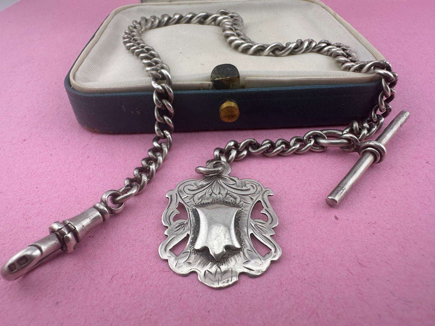 Sterling Silver Graduated Curb Albert with dog clip, fob and T-Bar