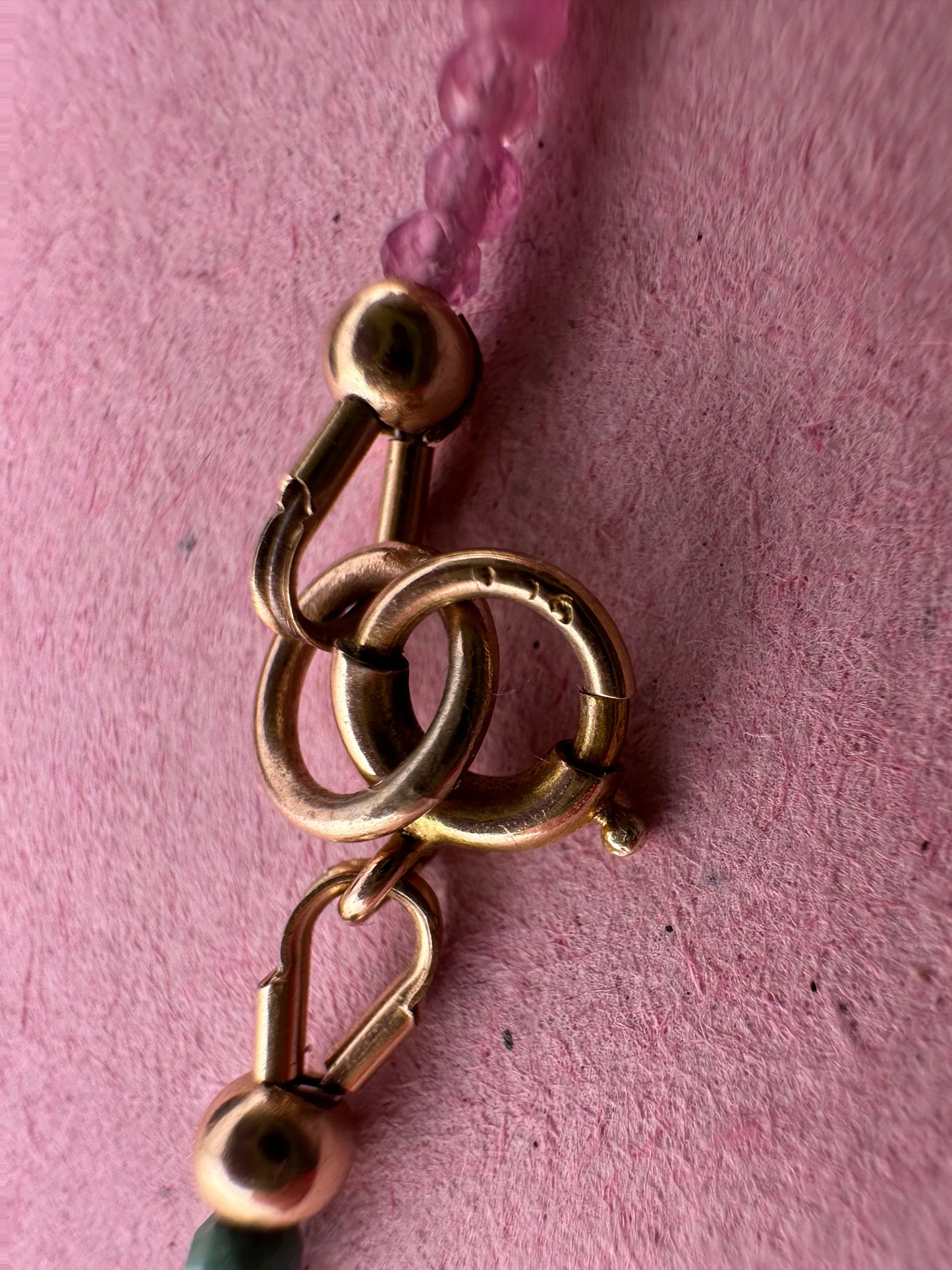 Blush & Tide- Pink Tourmaline and turquoise mini beaded necklace with 9ct gold antique bolt clasp