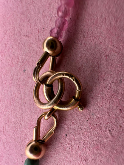 Blush & Tide- Pink Tourmaline and turquoise mini beaded necklace with 9ct gold antique bolt clasp